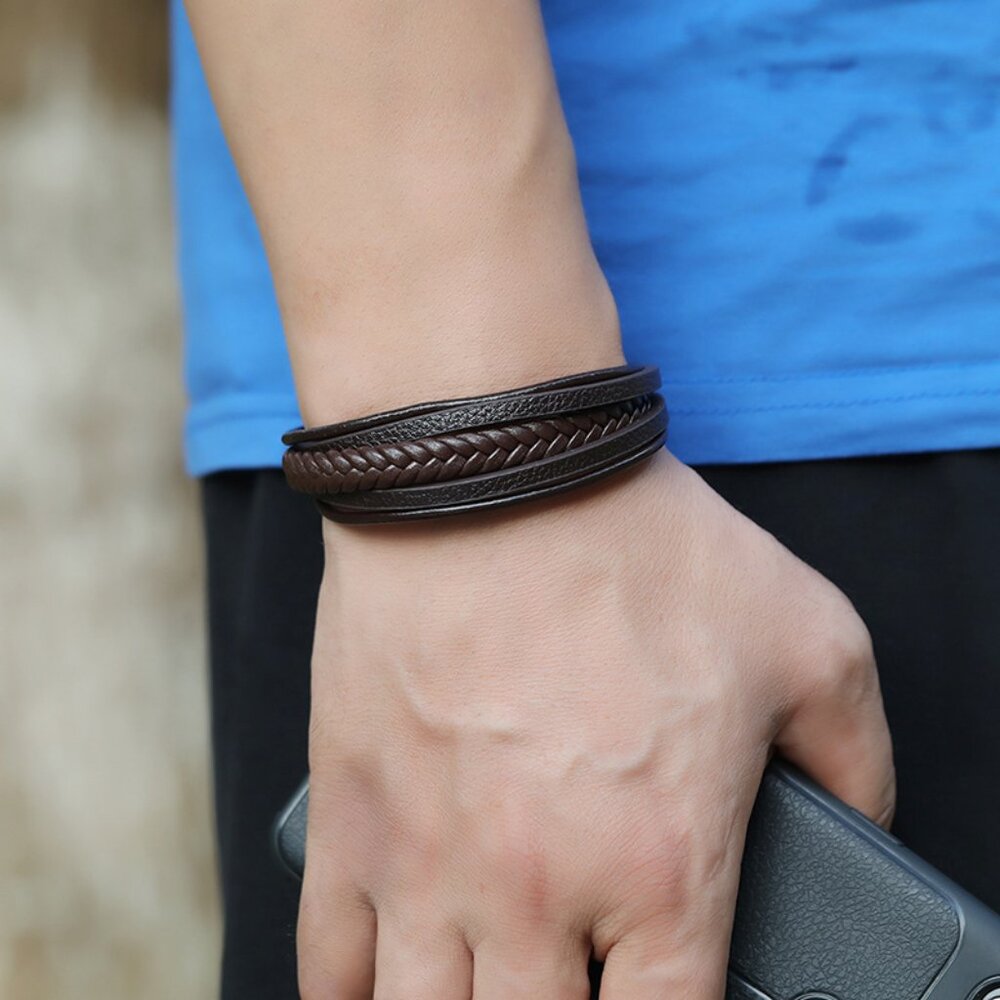 3/$35 Men’s Brown Multi-Strand Braided Leather Bracelet Black Magnetic Clasp